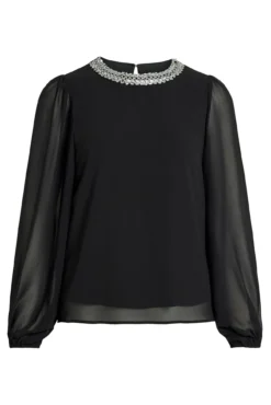 Blusa de chiffon com pedraria no gola