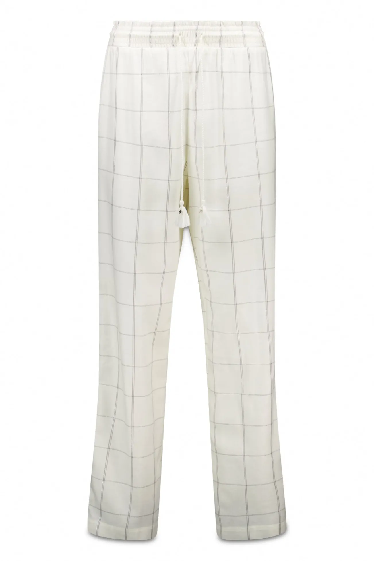 Calça comprida de flanela branca com estampa xadrez