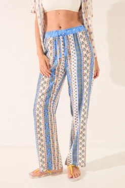 Calça comprida de viscose com bordas multicoloridas