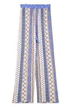 Calça comprida de viscose com bordas multicoloridas