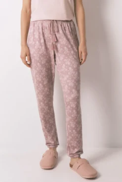 Calça compridas de malha em paisley rosa suave