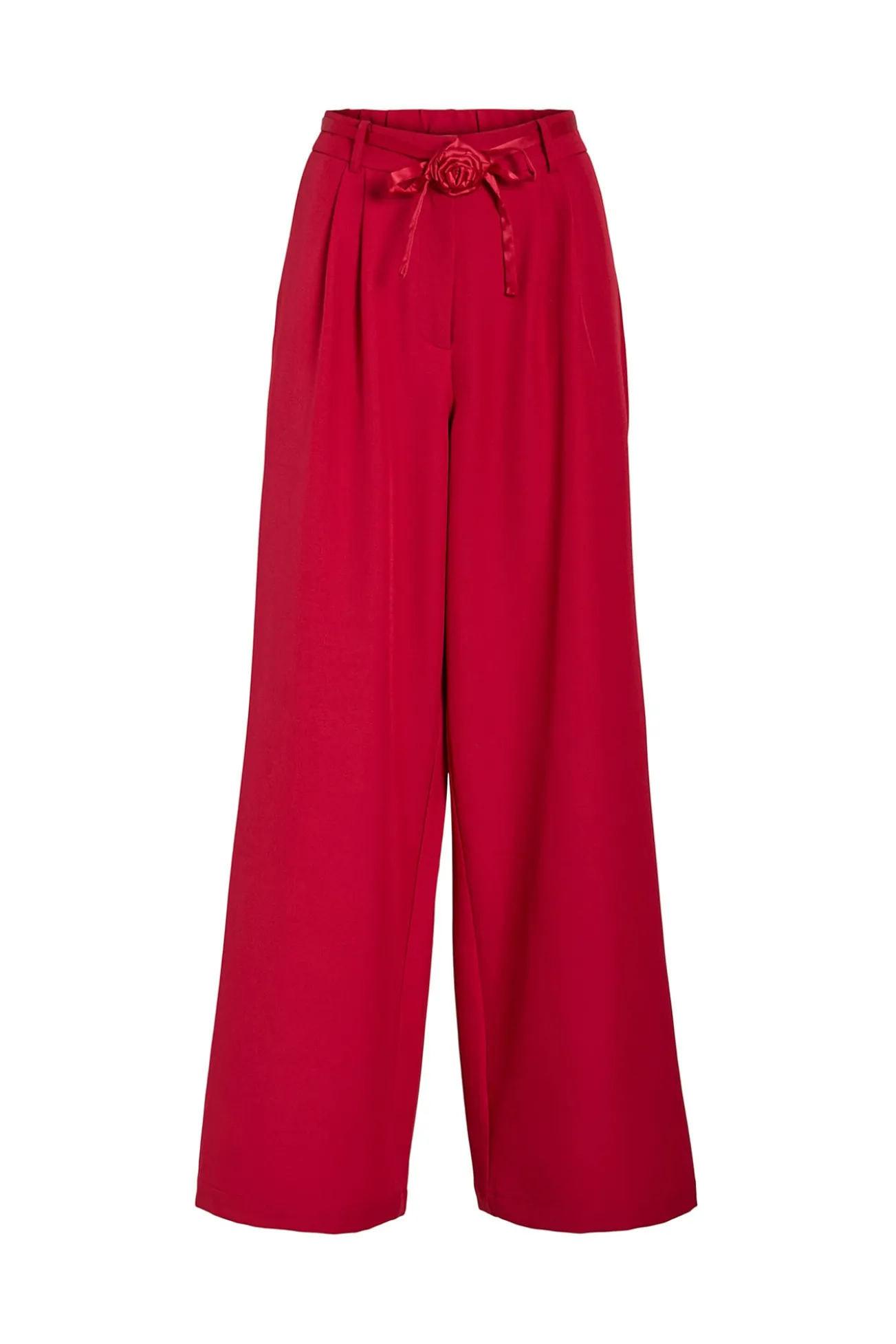 Calça social de pernas largas com cinto de flores