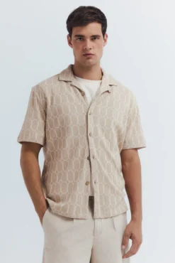 Camisa de boliche de malha manga curta em malha estampada