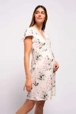 Camisa de dormir de amamentação, de manga curta às flores