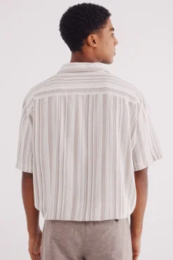 Camisa de linho viscose multi listrada de manga curta