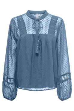 Camisa pré-mamã com mangas bufantes e tecido com detalhes de renda