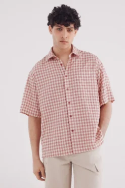 Camisa xadrez de manga manga curta seersucker