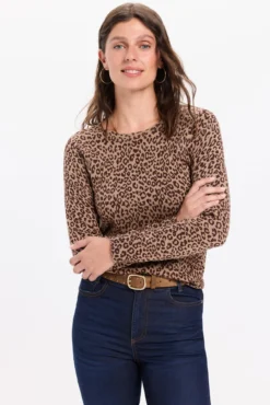 Camisola básico de liso malha com estampado de leopardo
