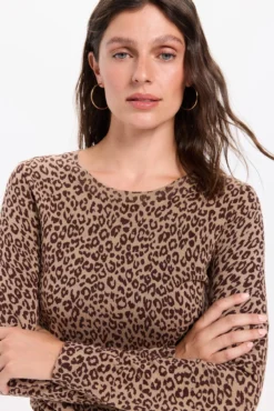 Camisola básico de liso malha com estampado de leopardo
