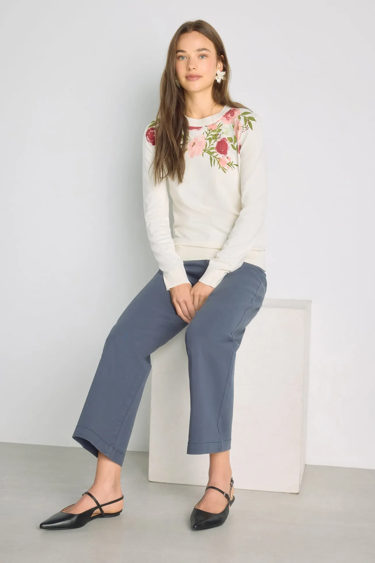 Camisola estampada gola redonda