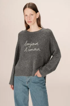 Camisola oversized de manga comprida com mensagem bordada