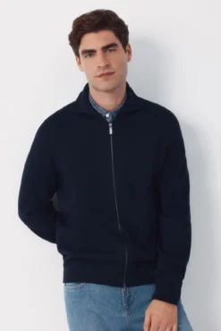 Cardigã de algodão com fecho-éclair e gola polo.