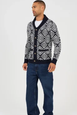 Casaco de malha jacquard gola em V