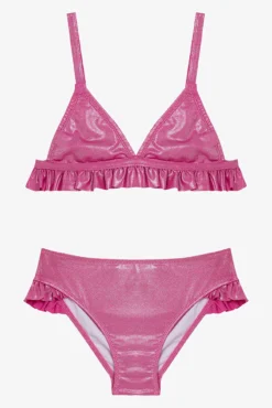Conjunto de biquíni com folho e glitter rosa