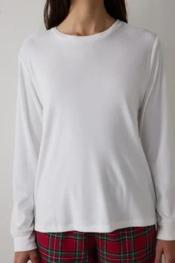 Conjunto de pijama confortável com estampado xadrez e gola redonda e manga comprida