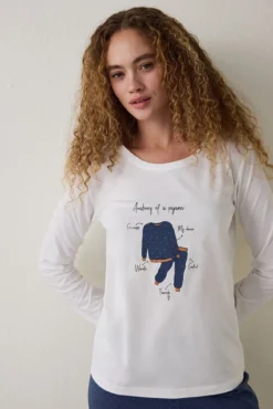 Conjunto de pijama de algodão com gola redonda e manga comprida Gola redonda