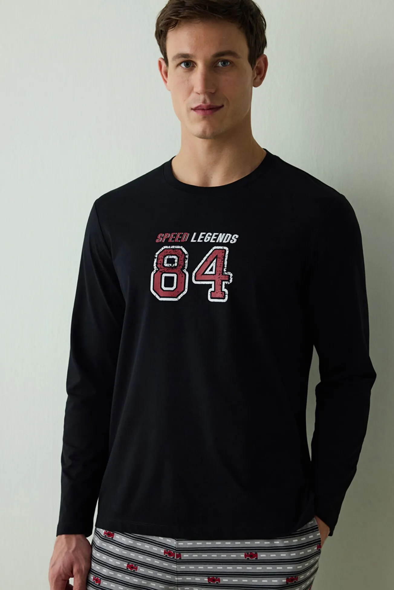 Conjunto de pijama de algodão com estampa de slogan de velocidade masculino