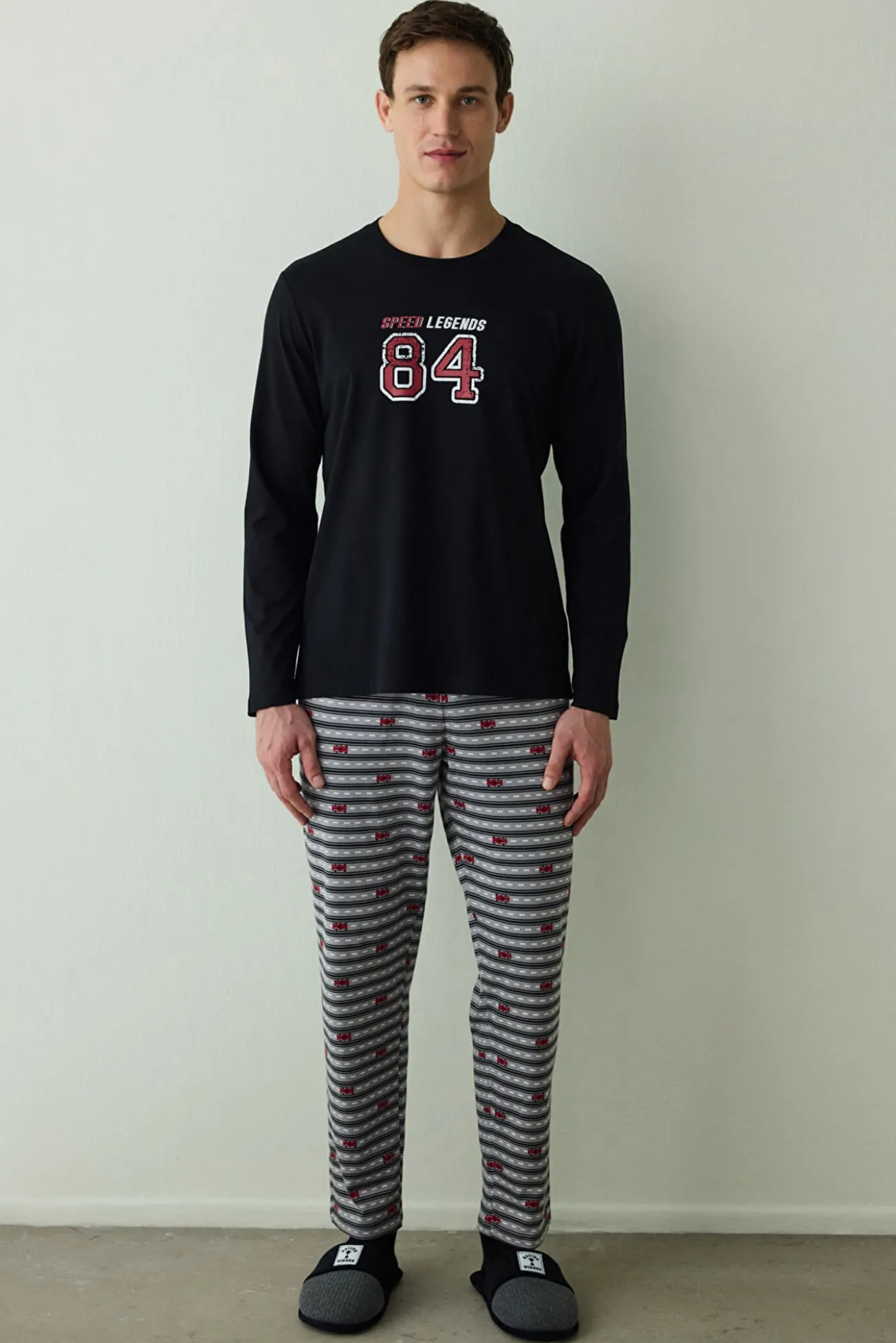 Conjunto de pijama de algodão com estampa de slogan de velocidade masculino