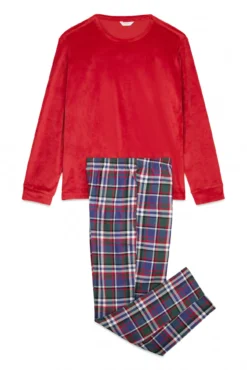 Conjunto de pijama xadrez confortável com gola redonda