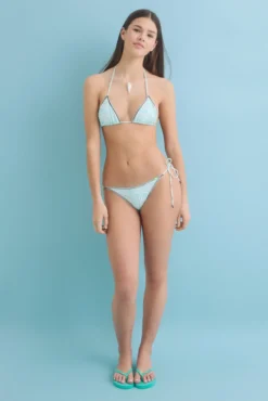 Cueca biquíni com tiras e estampa turquesa