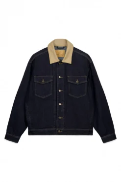 Jaqueta jeans oversized com gola contrastante