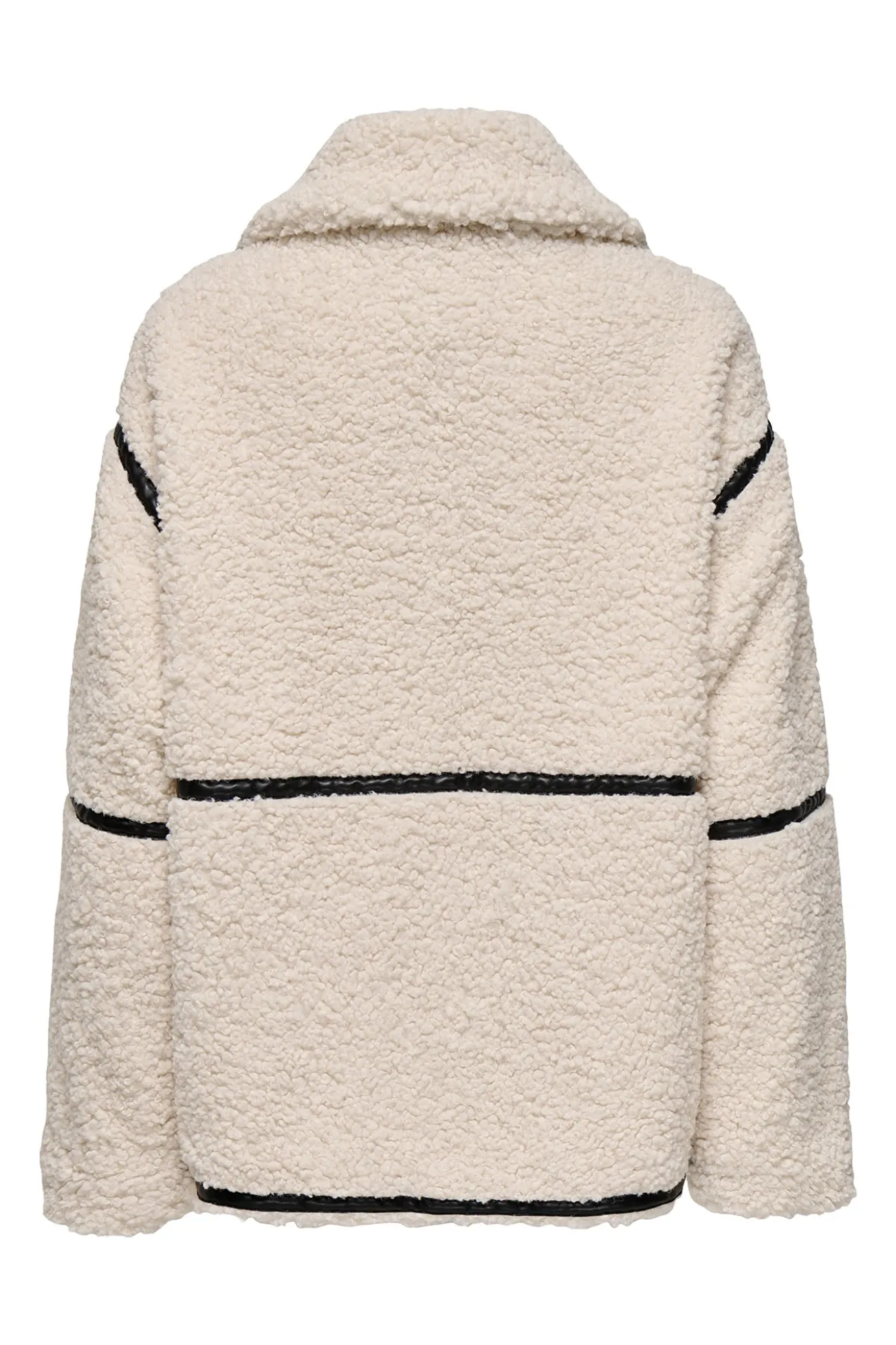 Jaqueta teddy bege para pré-mamã com detalhe de fitas preta