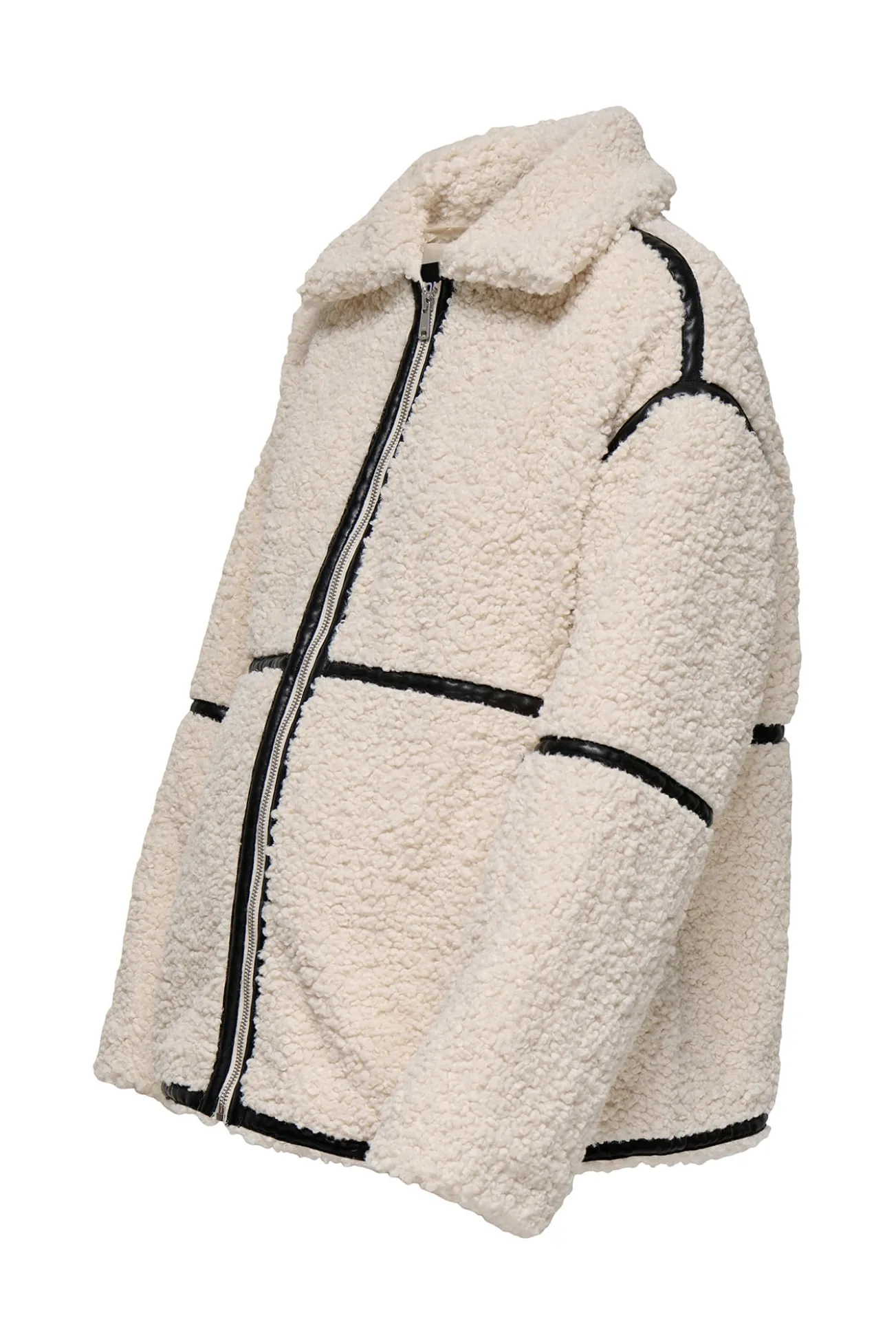 Jaqueta teddy bege para pré-mamã com detalhe de fitas preta