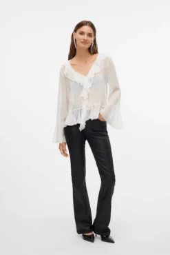 Jeans largos femininos com efeito polipele