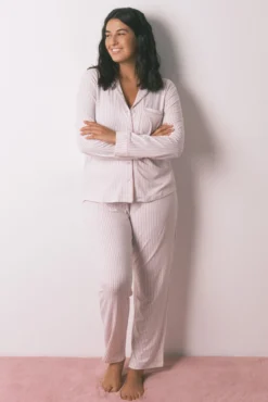 Pijama camiseiro riscas rosa