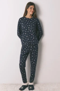 Pijama comprido 100% algodão azul estampado sapinhos