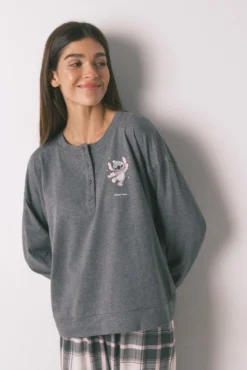 Pijama comprido 100% algodão cinzento xadrez Stitch