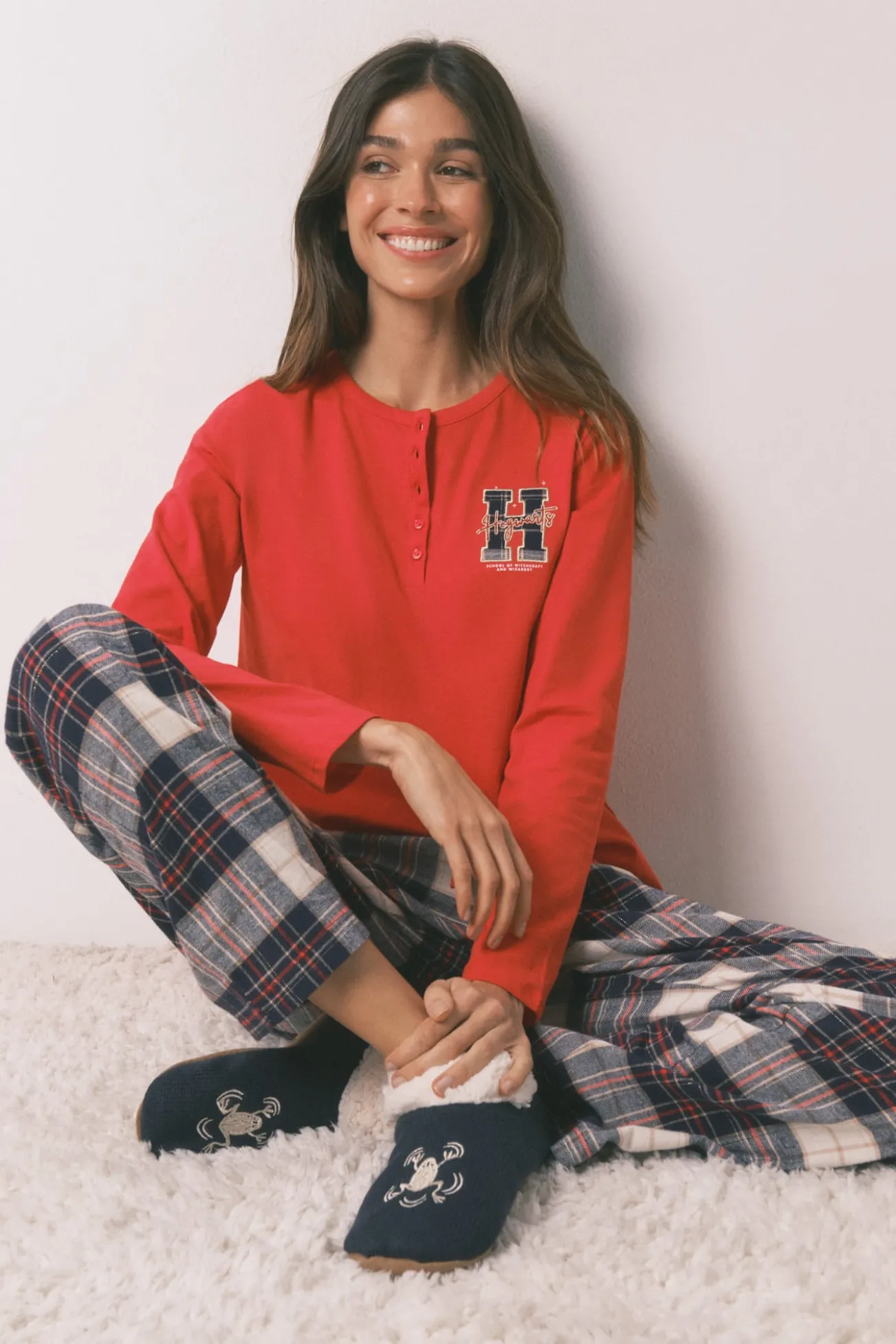 Pijama comprido 100% algodão estampado xadrez "Hogwarts"