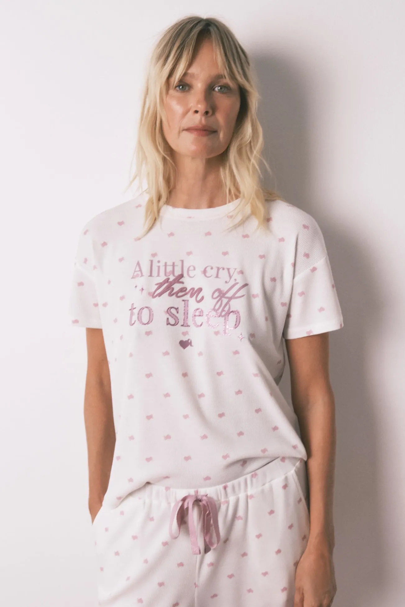Pijama comprido com T-shirt curta em tecido waffle