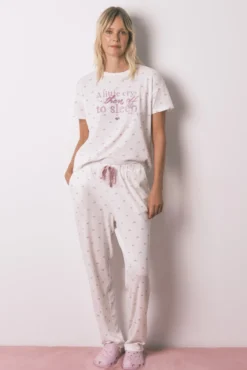 Pijama comprido com T-shirt curta em tecido waffle