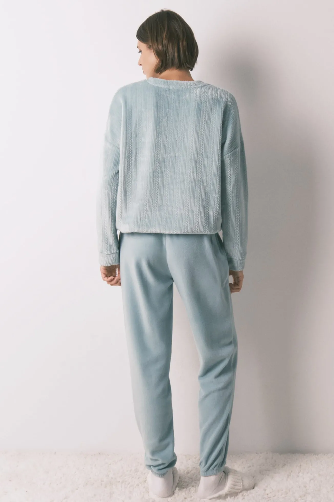 Pijama comprido em polar texturizado azul