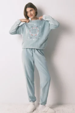 Pijama comprido em polar texturizado azul
