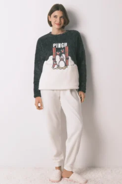 Pijama comprido polar pelo macio bordado Pingu