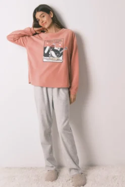 Pijama comprido polar suave rosa e cinzento Pingu