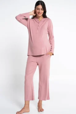 Pijama comprido pré-mamã canelado com capuz