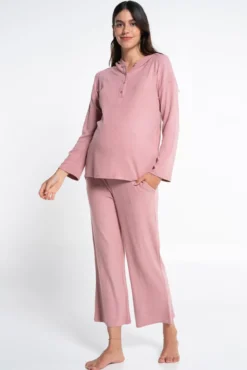 Pijama comprido pré-mamã canelado com capuz