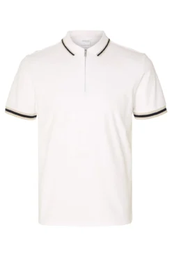Polo de manga curta com fecho de correr, fabricado em algodão reciclado.