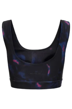 Sutiã esportivo com elástico, cor preta e design multicolor
