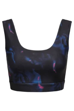 Sutiã esportivo com elástico, cor preta e design multicolor