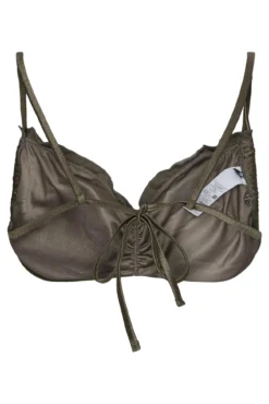 Top biquíni bandeau cor metalizada e decote franzido.