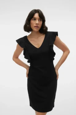 Vestido curto, decote em bico e corte na cintura