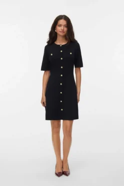 Vestido curto de malha com botões dourados