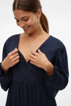 Vestido curto de manga comprida para maternity e amamentação