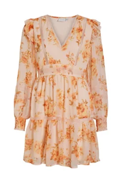 Vestido curto e manga comprida de flores com folhos