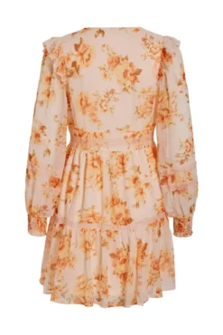 Vestido curto e manga comprida de flores com folhos