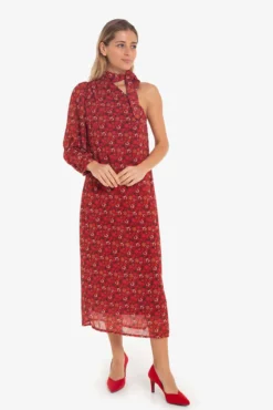 Vestido midi assimétrico com estampado floral